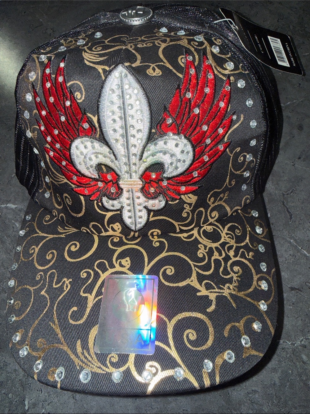Black Embroidered Fleur-de-Lis Cap with Red Wing Accents